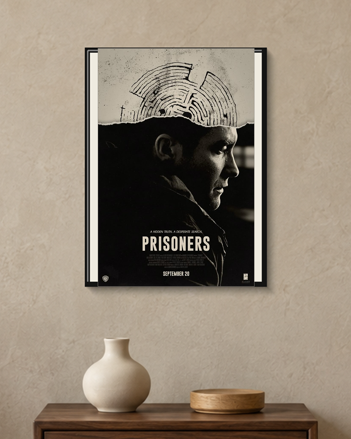 Prisoners — Hidden Truth Poster — framed A4 poster mockup with a narrow off-white mat