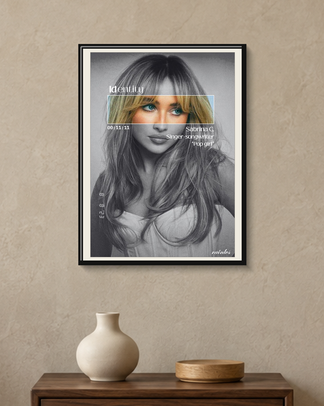 Sabrina Carpenter — Identity Poster — framed A4 poster mockup with a narrow off-white mat