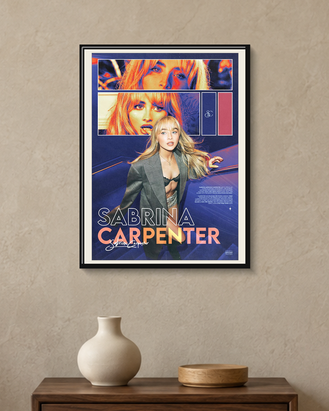 Sabrina Carpenter — Short n' Sweet Editorial Poster — framed A4 poster mockup with a narrow off-white mat