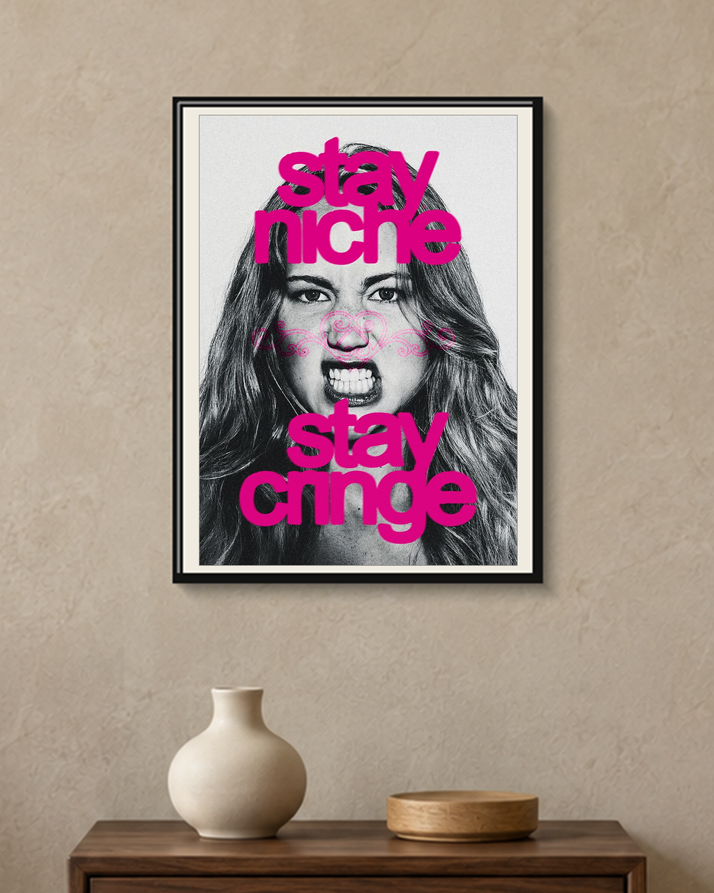 Stay Niche — Stay Cringe Poster — framed A4 poster mockup with a narrow off-white mat