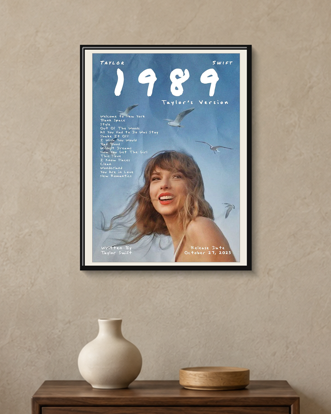 Taylor Swift — 1989 Taylor's Version Poster — framed A4 poster mockup with a narrow off-white mat