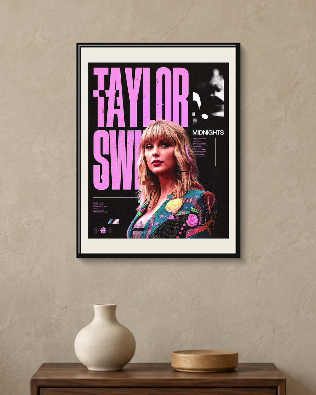 Taylor Swift — Midnights Magenta Poster — framed A4 poster mockup with a narrow off-white mat