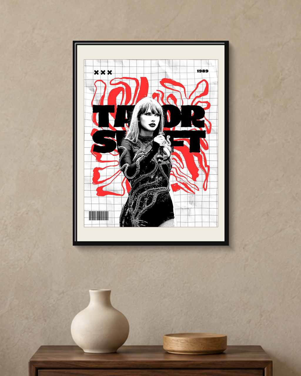 Taylor Swift — Red Grid Poster — framed A4 poster mockup with a narrow off-white mat