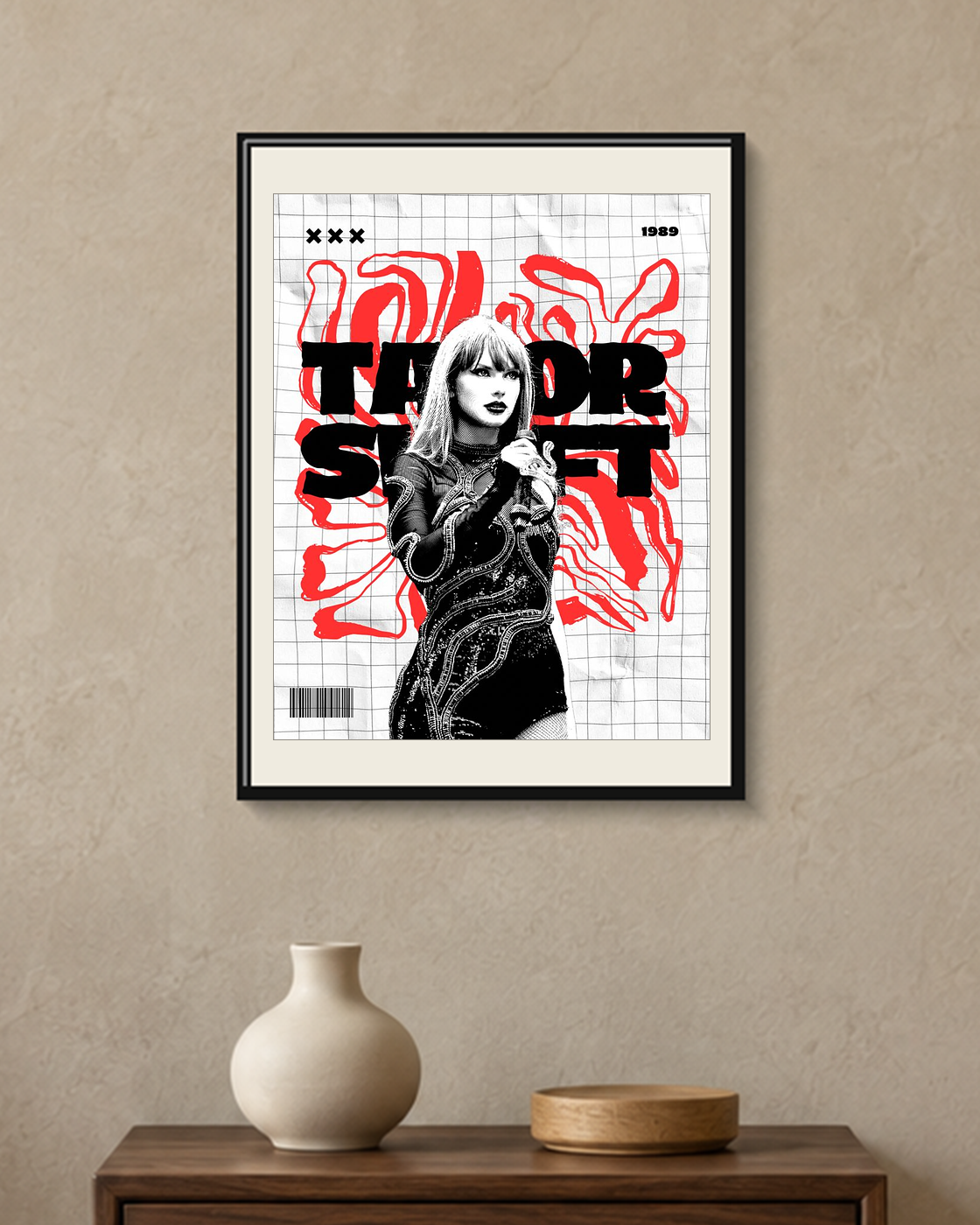 Taylor Swift — Red Grid Poster — framed A4 poster mockup with a narrow off-white mat