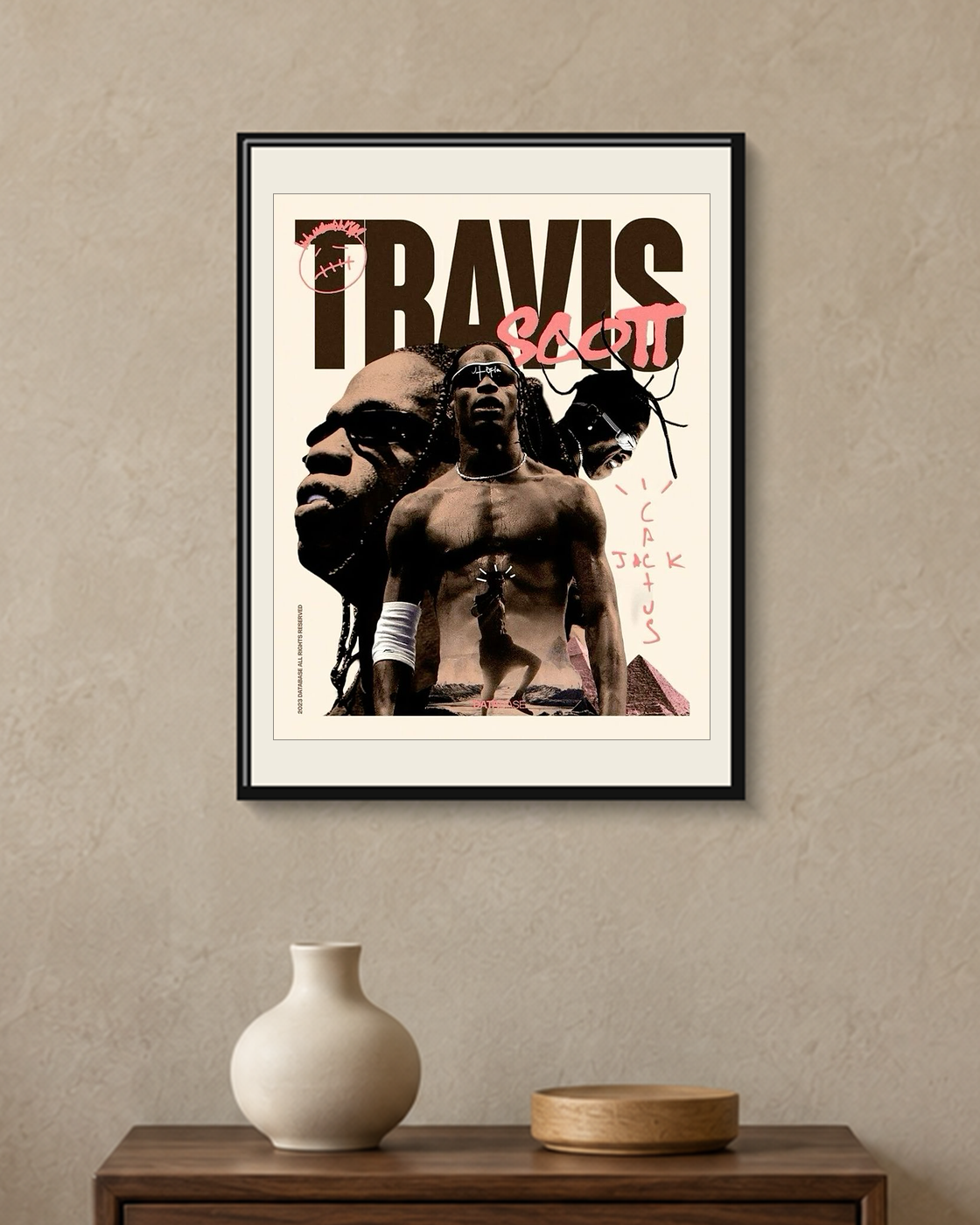 Travis Scott — Cactus Jack Collage Poster — framed A4 poster mockup with a narrow off-white mat