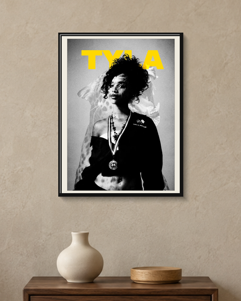 Tyla — Monochrome Portrait Poster — framed A4 poster mockup with a narrow off-white mat