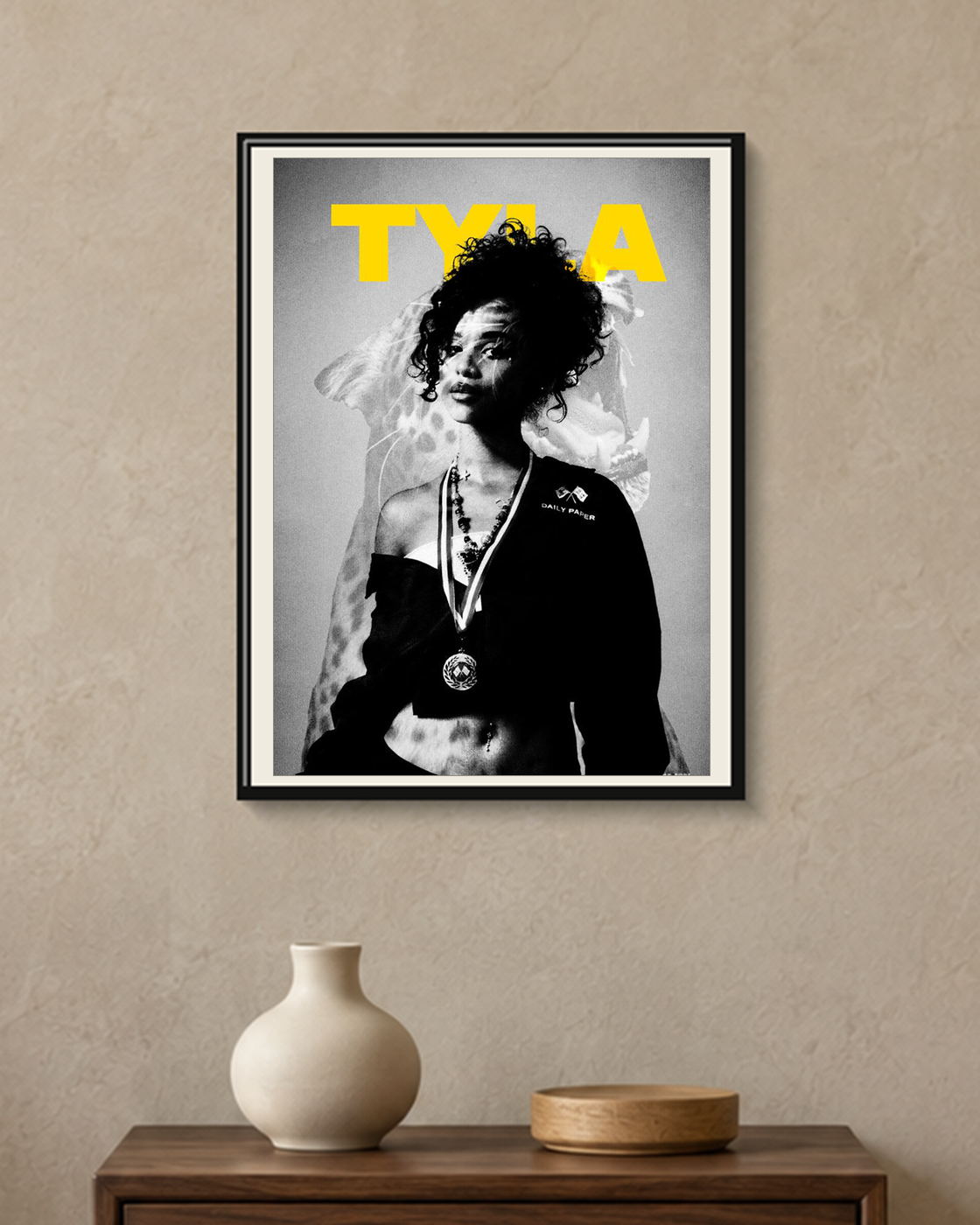 Tyla — Monochrome Portrait Poster — framed A4 poster mockup with a narrow off-white mat