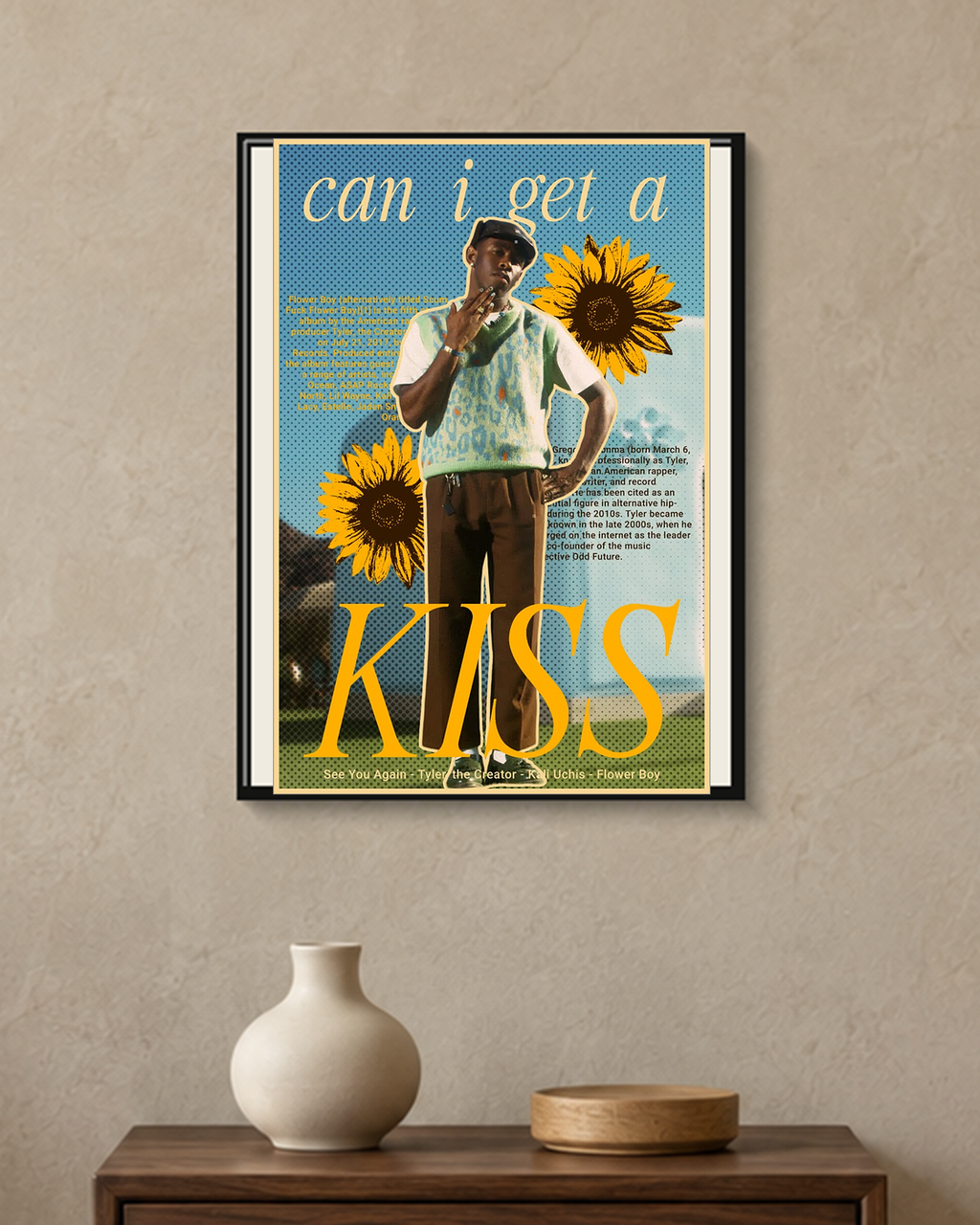 Tyler, the Creator — Flower Boy Kiss Poster — framed A4 poster mockup with a narrow off-white mat