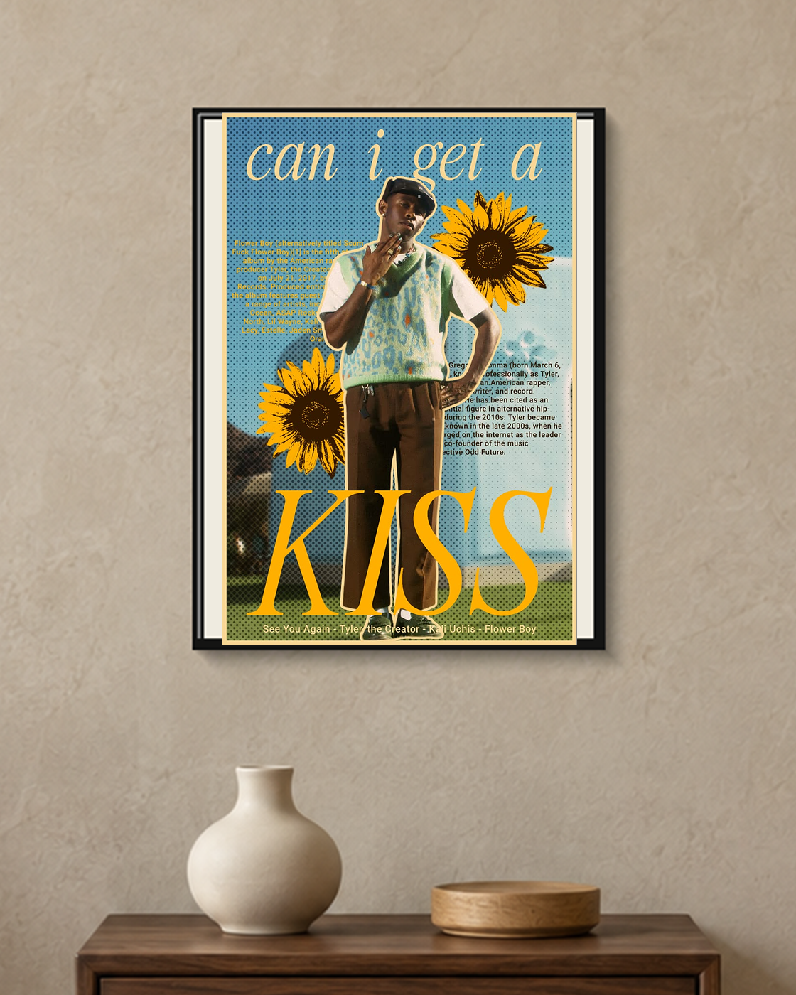 Tyler, the Creator — Flower Boy Kiss Poster — framed A4 poster mockup with a narrow off-white mat
