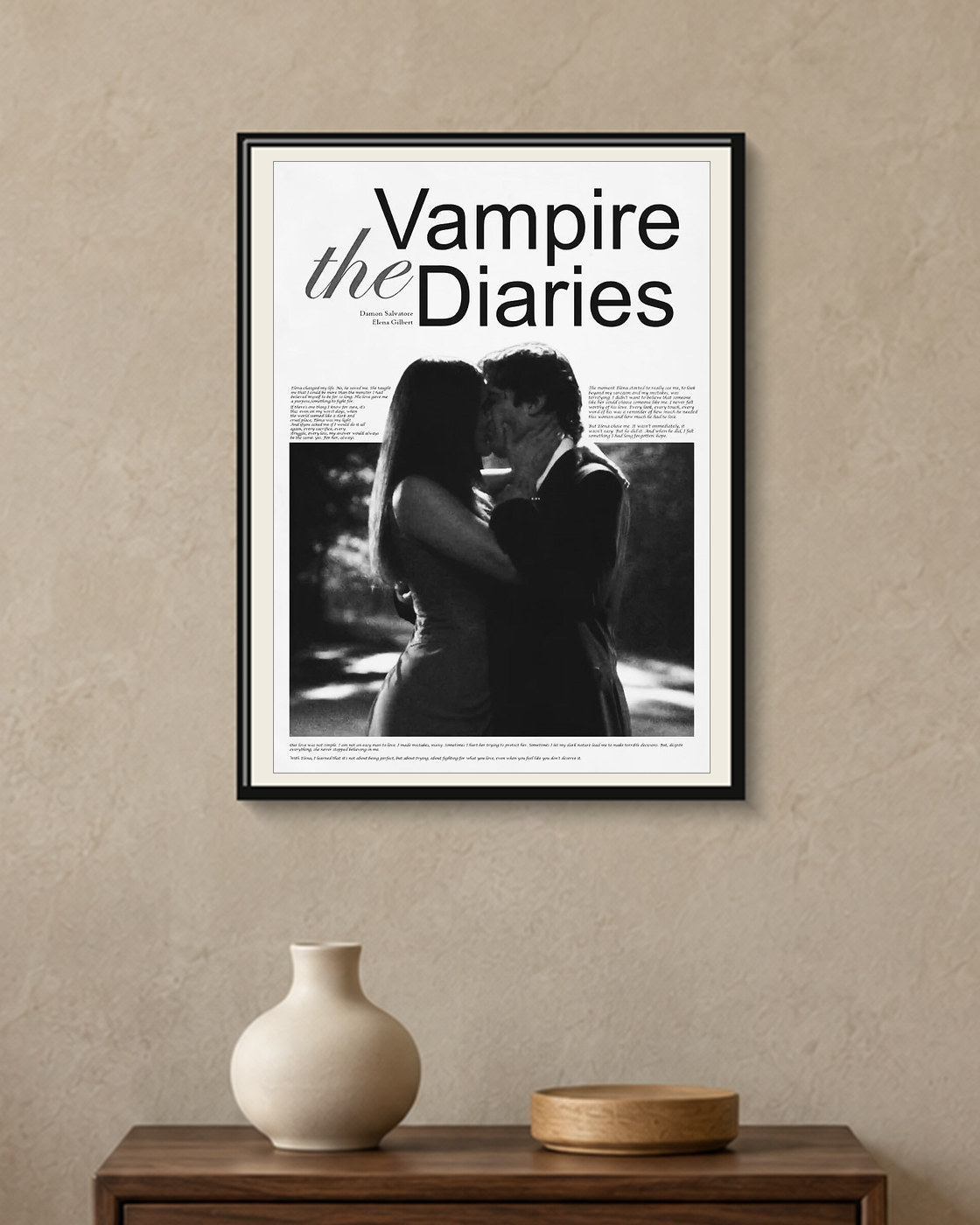 The Vampire Diaries — Damon and Elena Poster — framed A4 poster mockup with a narrow off-white mat
