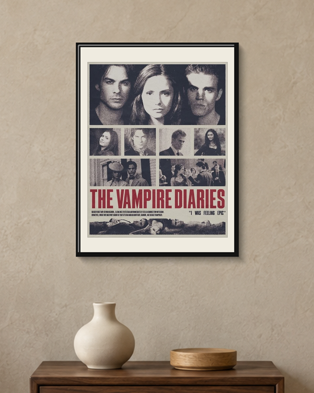 The Vampire Diaries — Newspaper Cast Poster — framed A4 poster mockup with a narrow off-white mat
