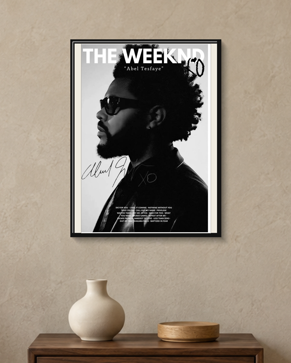 The Weeknd — Abel Tesfaye Monochrome Poster — framed A4 poster mockup with a narrow off-white mat
