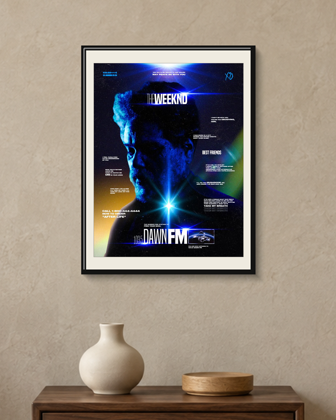 The Weeknd — Dawn FM Blue Poster — framed A4 poster mockup with a narrow off-white mat