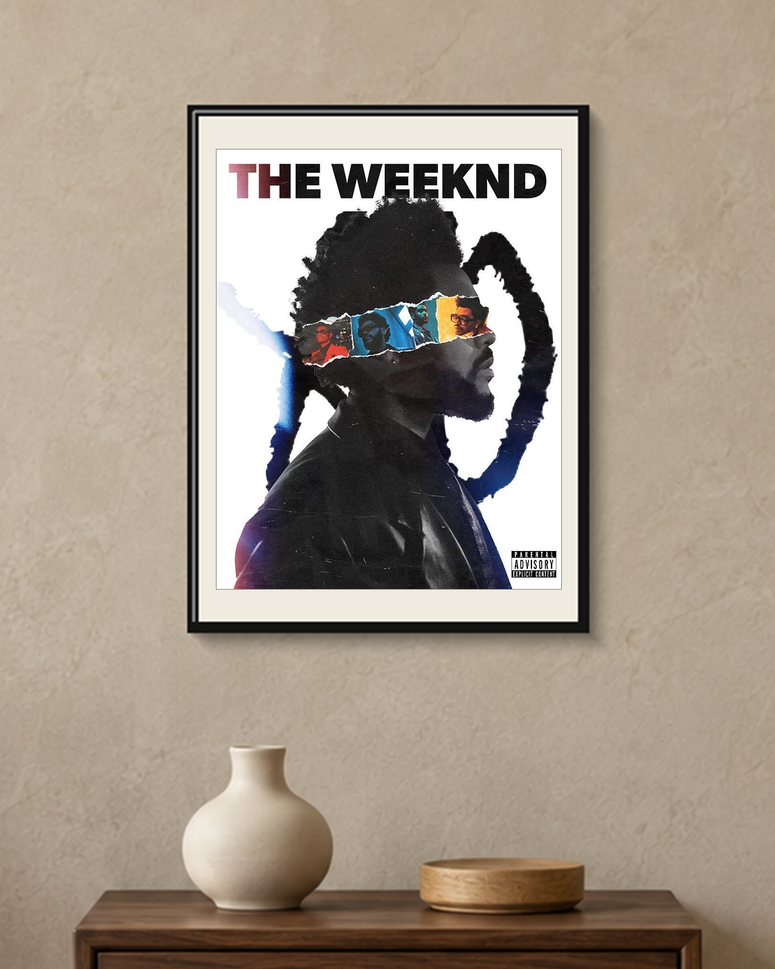 The Weeknd — Torn Timeline Poster — framed A4 poster mockup with a narrow off-white mat