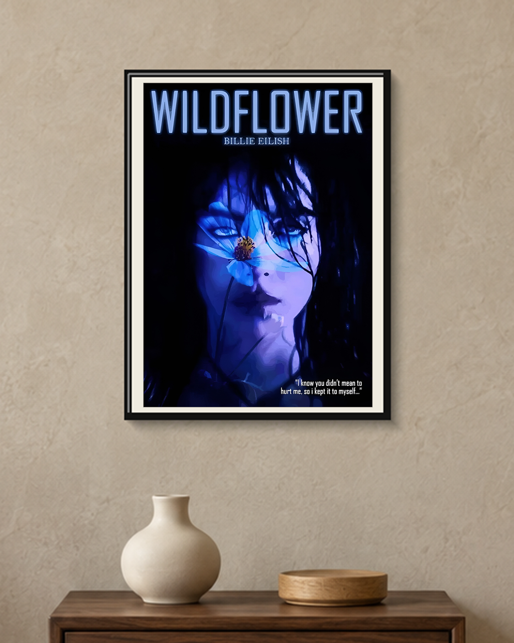 Billie Eilish — Wildflower Poster — framed A4 poster mockup with a narrow off-white mat