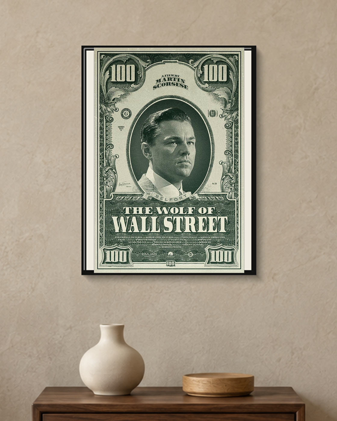 The Wolf of Wall Street — Hundred Dollar Poster — framed A4 poster mockup with a narrow off-white mat