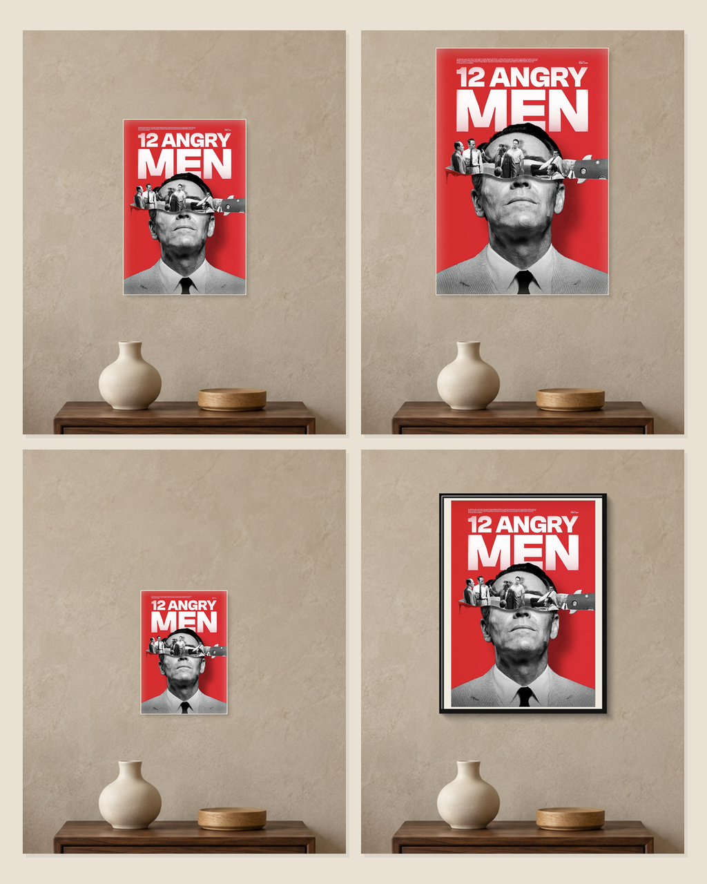12 Angry Men — Jury Room Poster — A5, A4, A3 and framed A4 size comparison collage