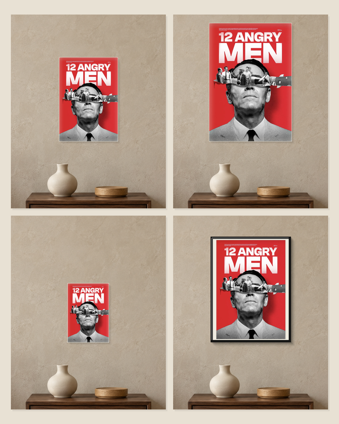 12 Angry Men — Jury Room Poster — A5, A4, A3 and framed A4 size comparison collage