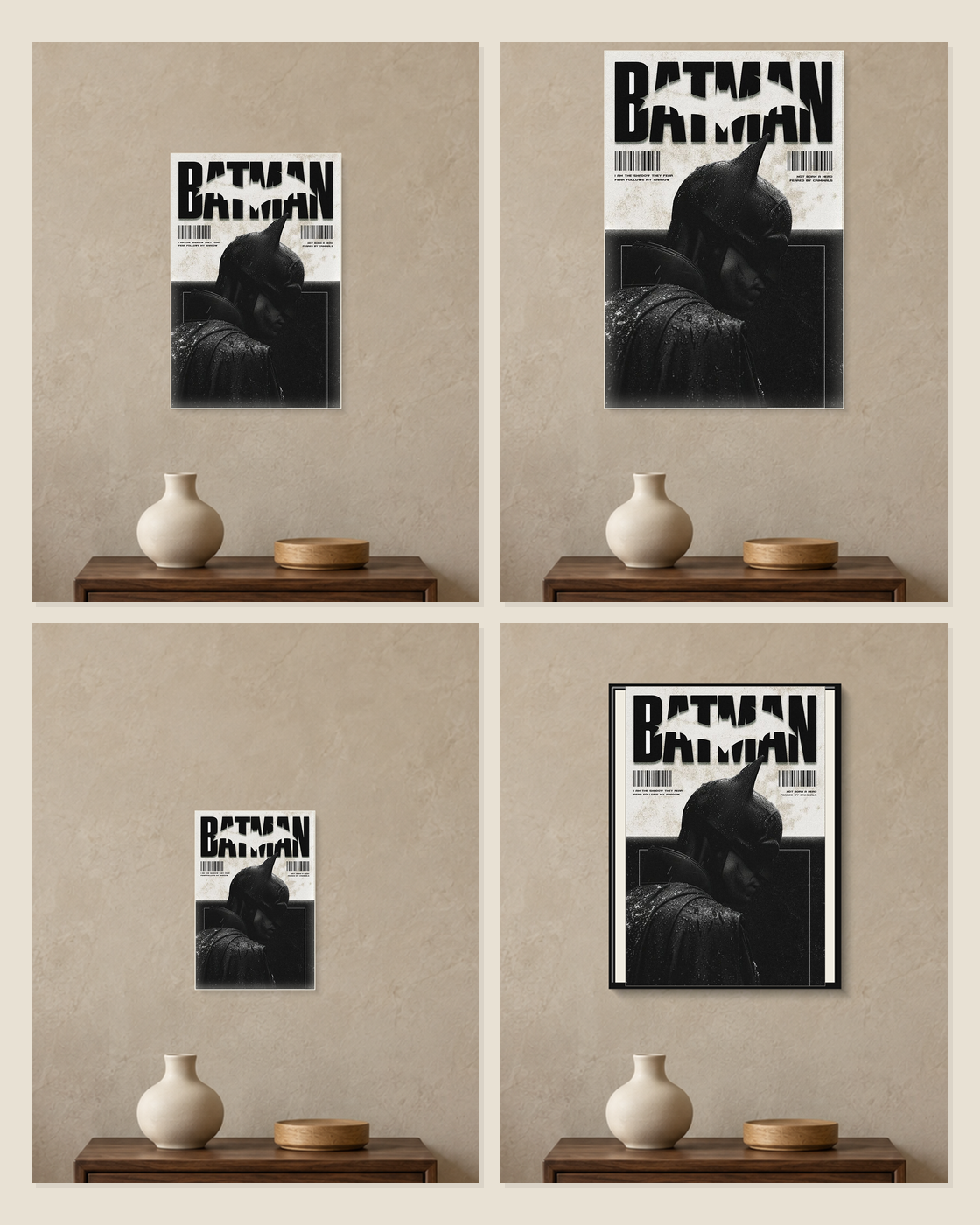 Batman — Dark Knight Shadow Poster — A5, A4, A3 and framed A4 size comparison collage