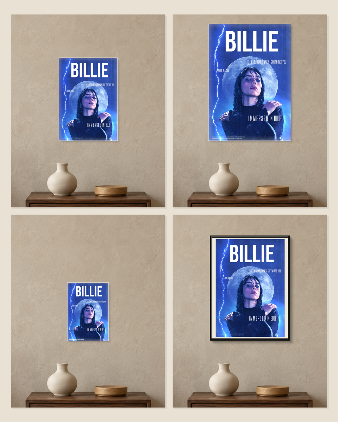 Billie Eilish — Immersed in Blue Poster — A5, A4, A3 and framed A4 size comparison collage