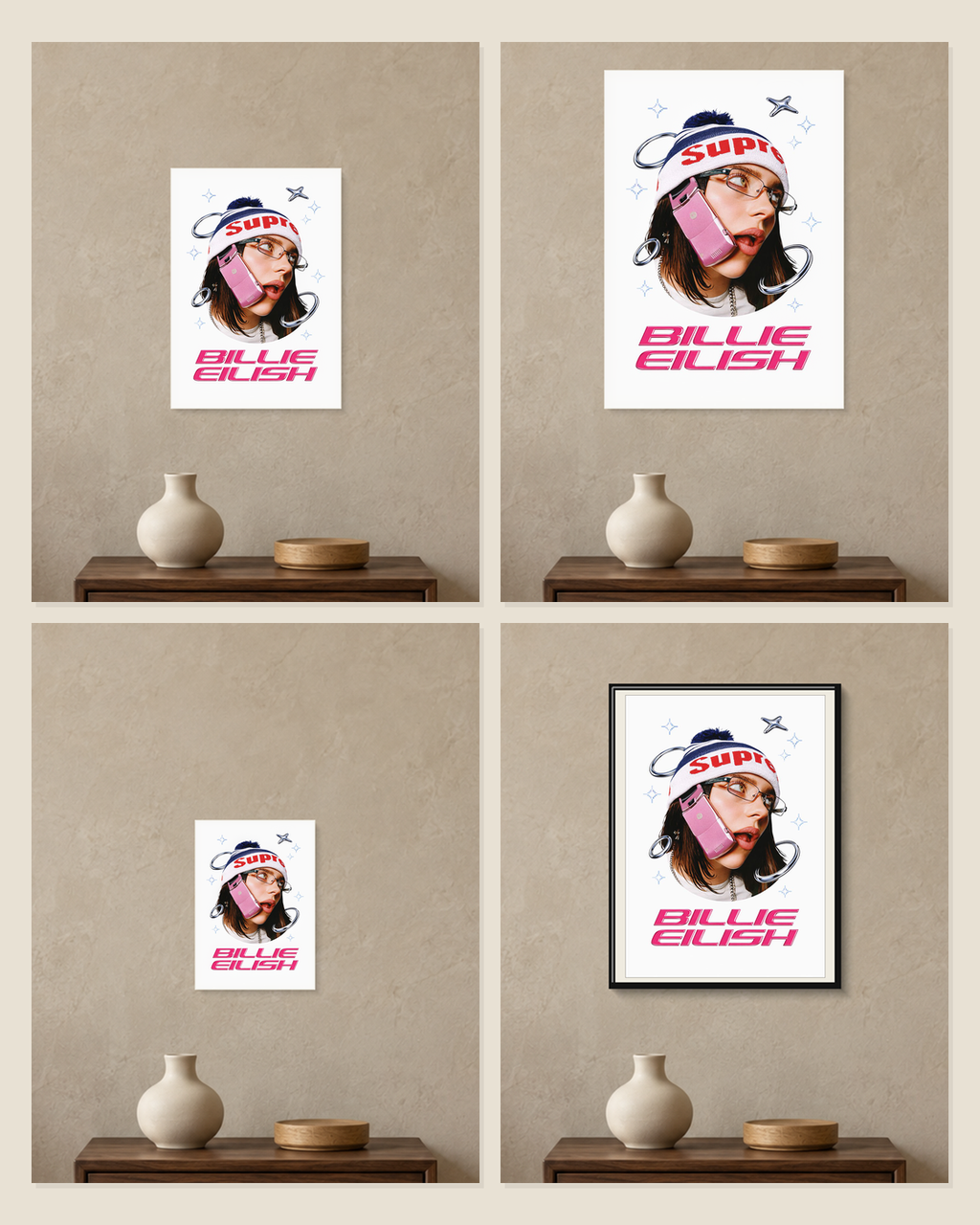 Billie Eilish — Y2K Supreme Poster — A5, A4, A3 and framed A4 size comparison collage