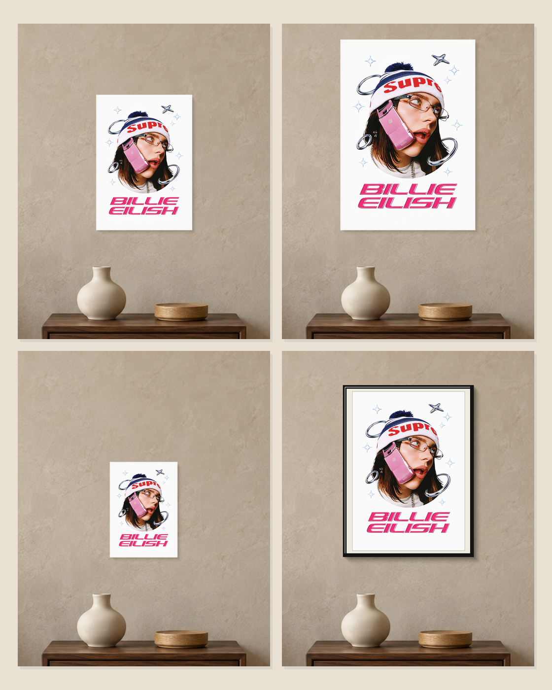 Billie Eilish — Y2K Supreme Poster — A5, A4, A3 and framed A4 size comparison collage