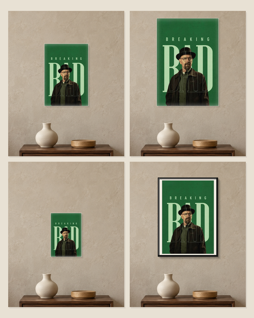 Breaking Bad — Heisenberg Green Poster — A5, A4, A3 and framed A4 size comparison collage