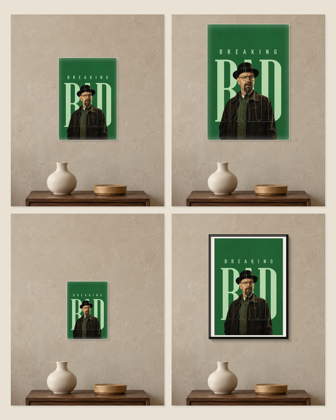 Breaking Bad — Heisenberg Green Poster — A5, A4, A3 and framed A4 size comparison collage