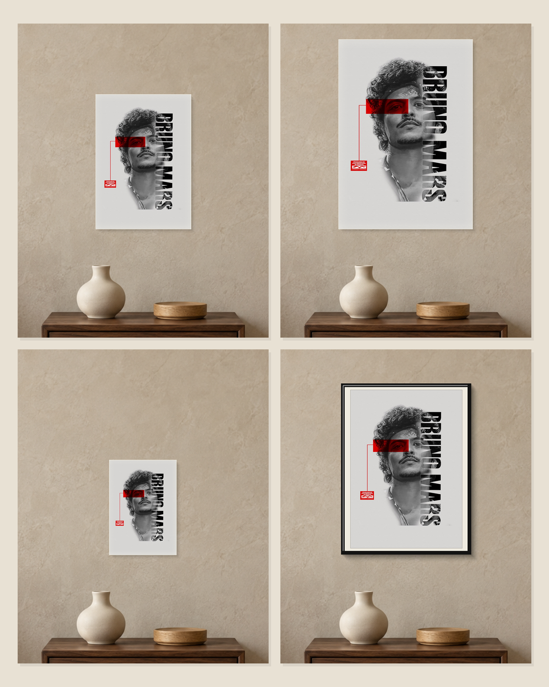 Bruno Mars — Red Vision Poster — A5, A4, A3 and framed A4 size comparison collage