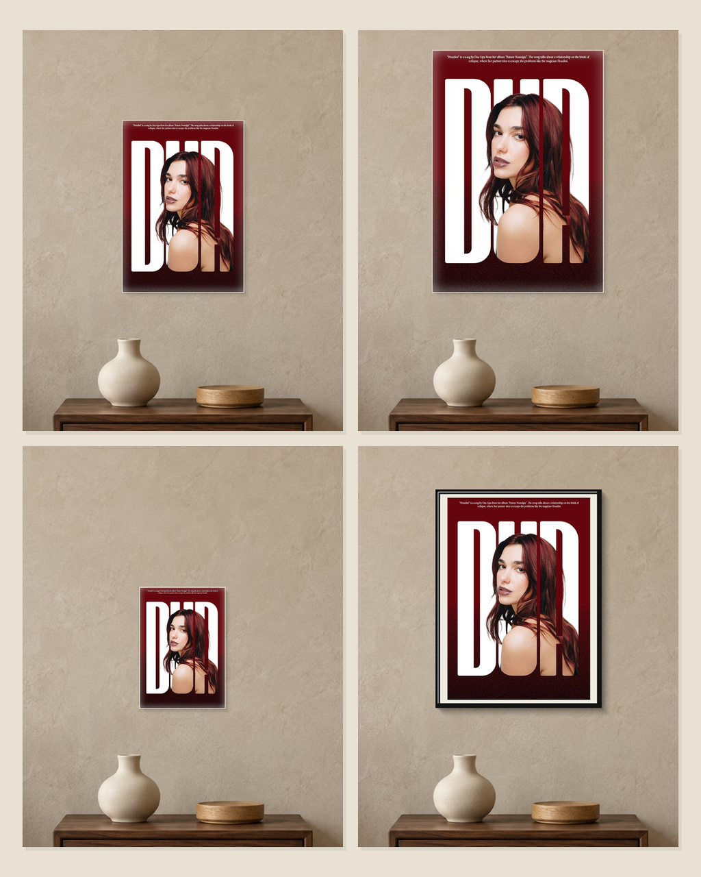 Dua Lipa — Houdini Poster — A5, A4, A3 and framed A4 size comparison collage