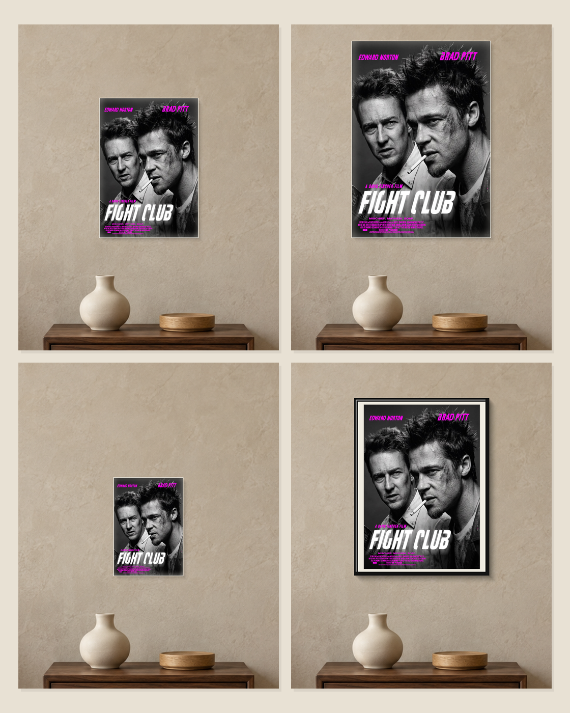 Fight Club — Mischief, Mayhem, Soap Poster — A5, A4, A3 and framed A4 size comparison collage