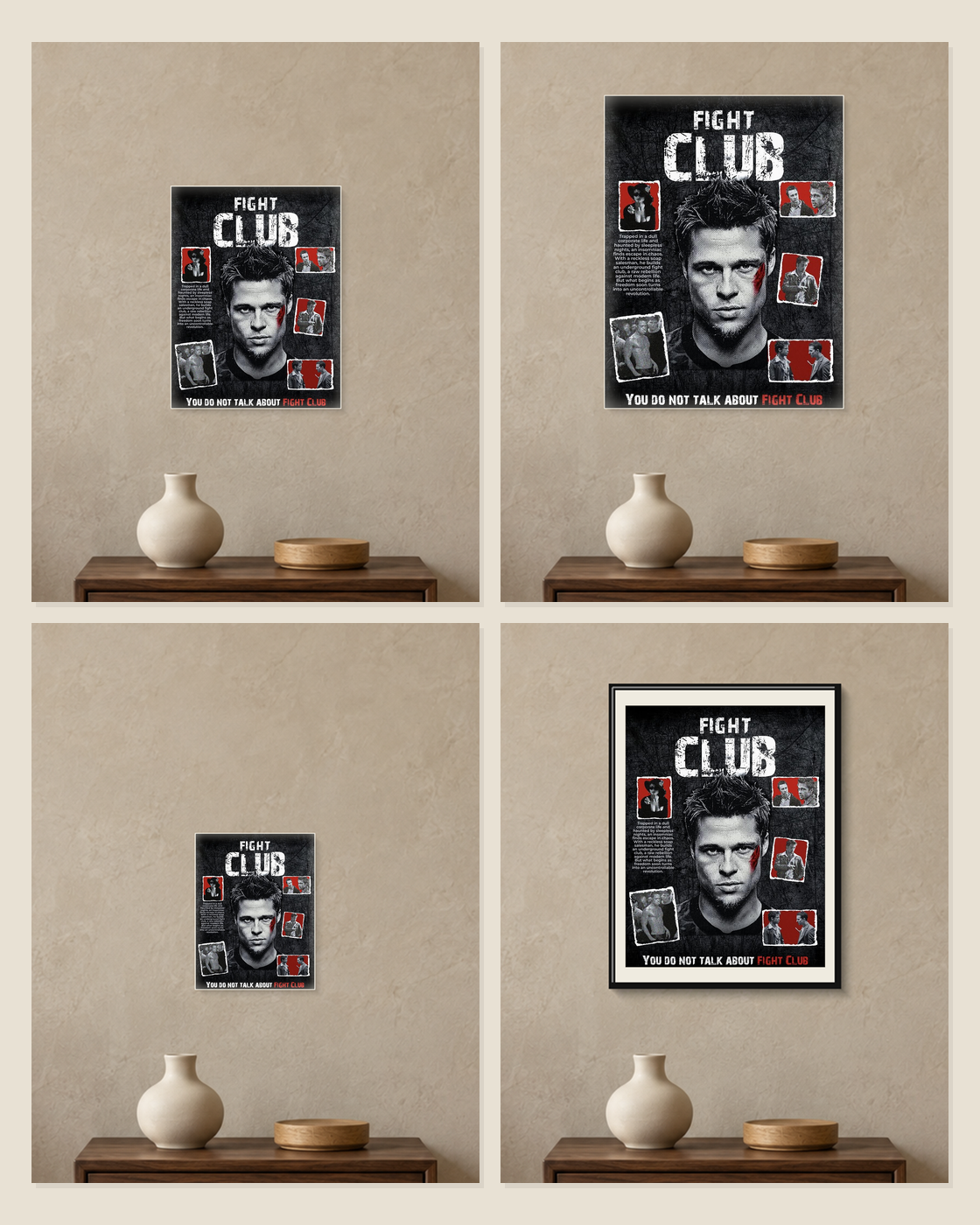 Fight Club — You Do Not Talk About Fight Club Poster — A5, A4, A3 and framed A4 size comparison collage