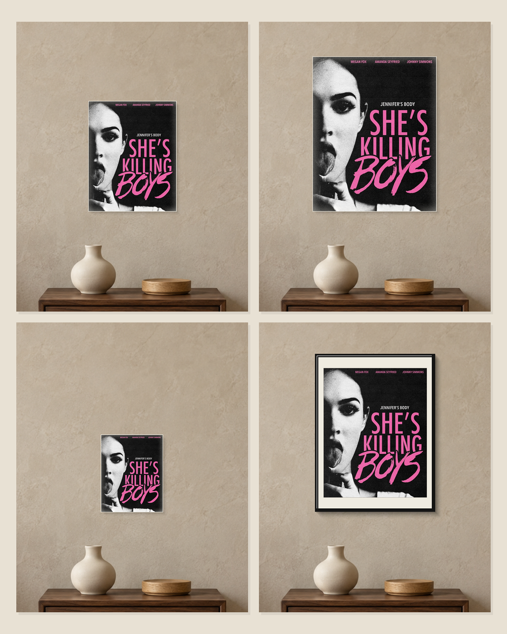 Jennifer's Body — She's Killing Boys Poster — A5, A4, A3 and framed A4 size comparison collage