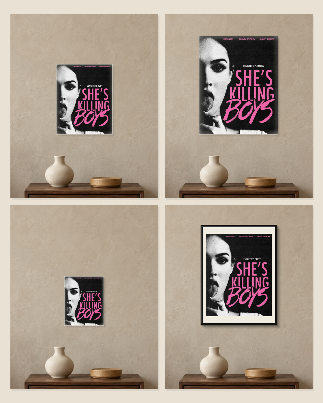 Jennifer's Body — She's Killing Boys Poster — A5, A4, A3 and framed A4 size comparison collage