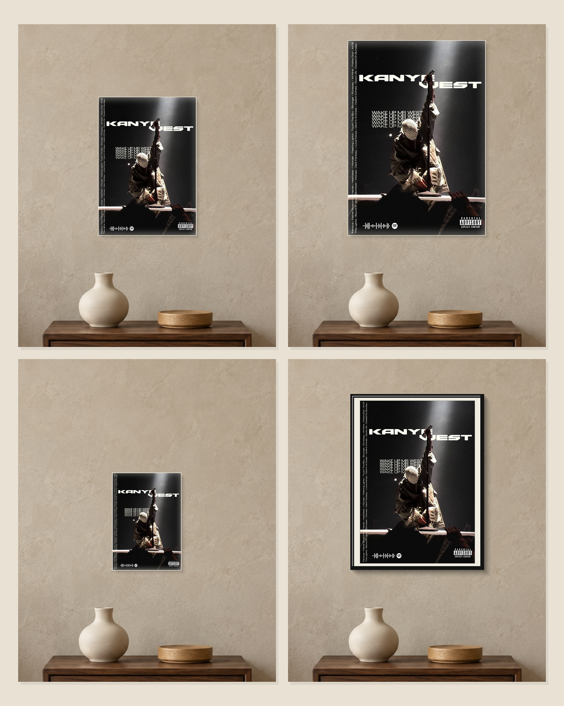 Kanye West — Wake Up Mr West Poster — A5, A4, A3 and framed A4 size comparison collage
