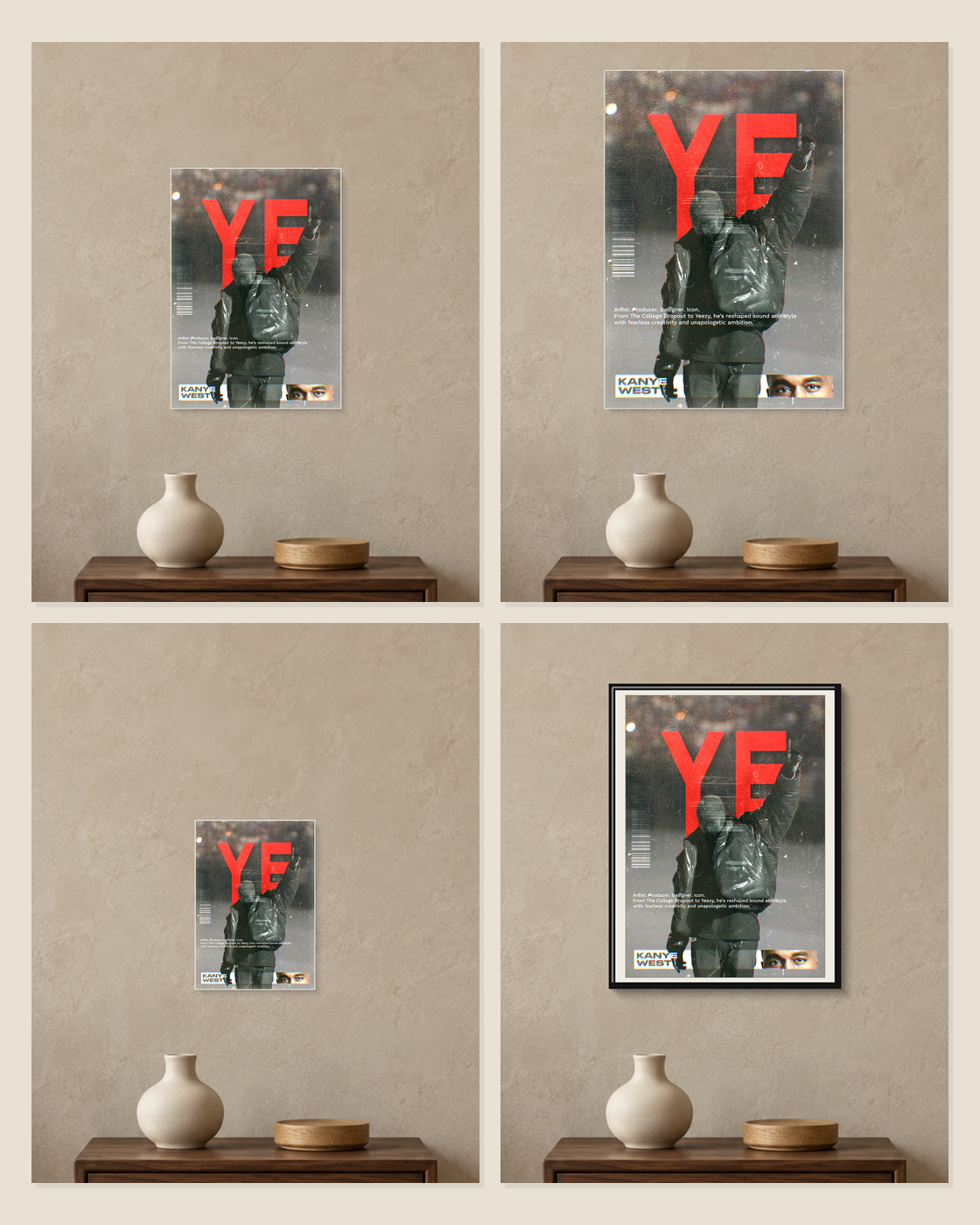 Kanye West — Ye Red Poster — A5, A4, A3 and framed A4 size comparison collage