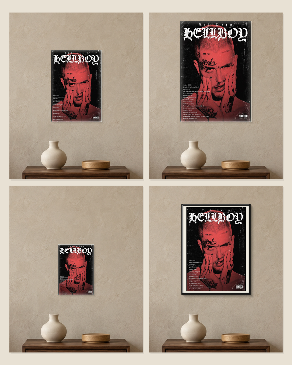 Lil Peep — Hellboy Poster — A5, A4, A3 and framed A4 size comparison collage
