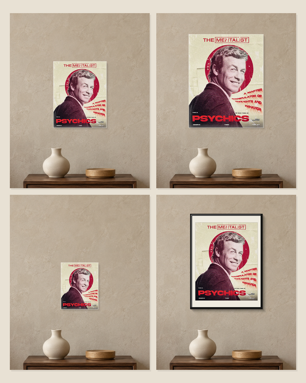 The Mentalist — Master Manipulator Poster — A5, A4, A3 and framed A4 size comparison collage
