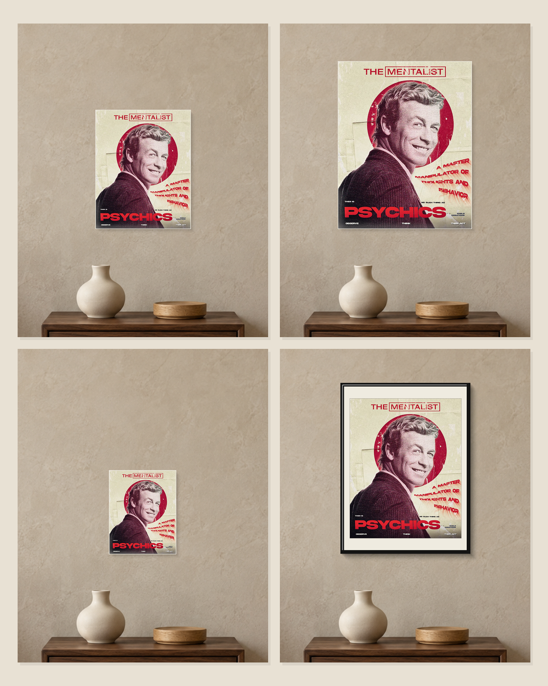 The Mentalist — Master Manipulator Poster — A5, A4, A3 and framed A4 size comparison collage
