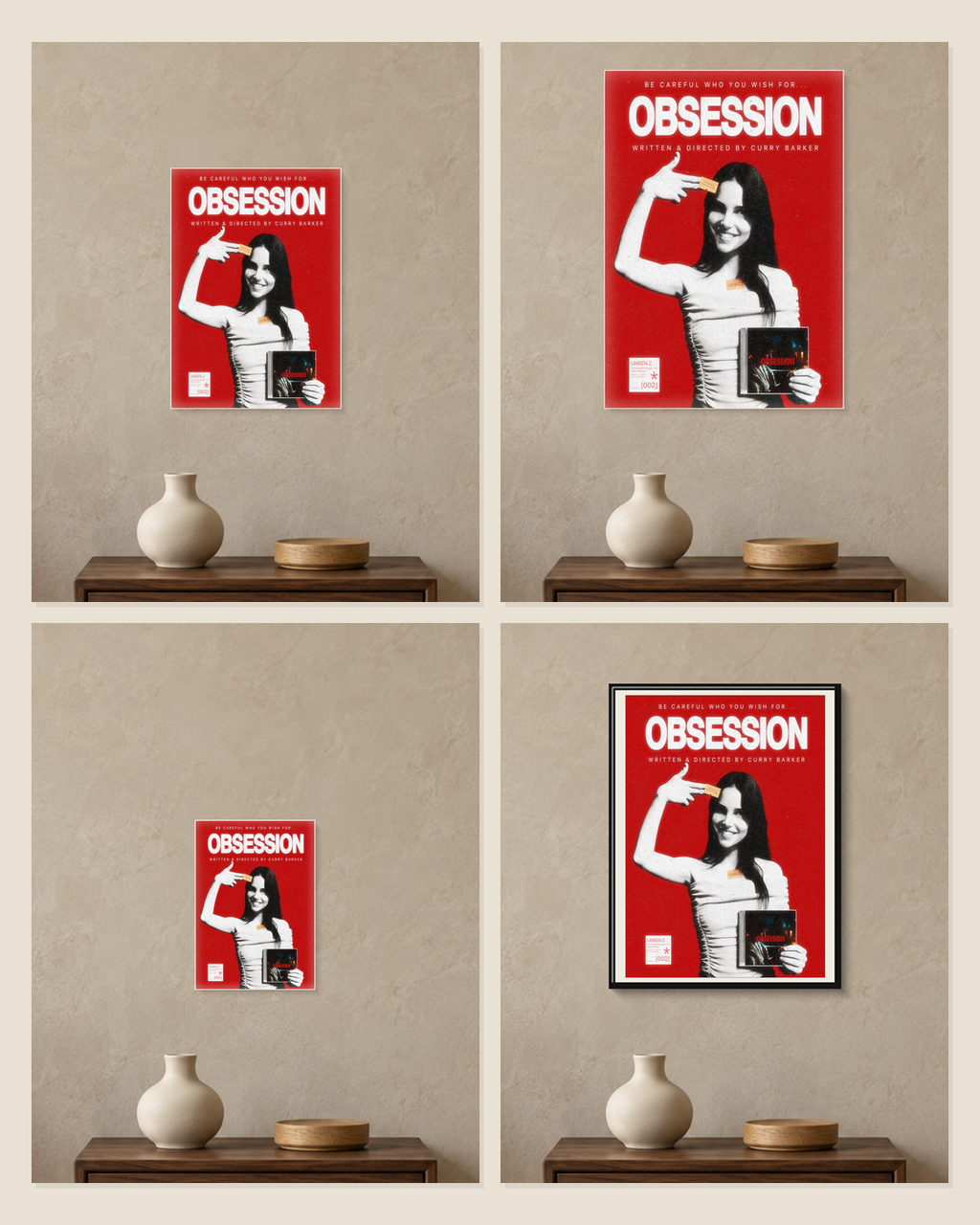 Obsession — Be Careful What You Wish For Poster — A5, A4, A3 and framed A4 size comparison collage