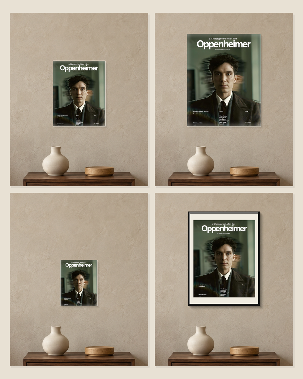 Oppenheimer — Distorted Portrait Poster — A5, A4, A3 and framed A4 size comparison collage