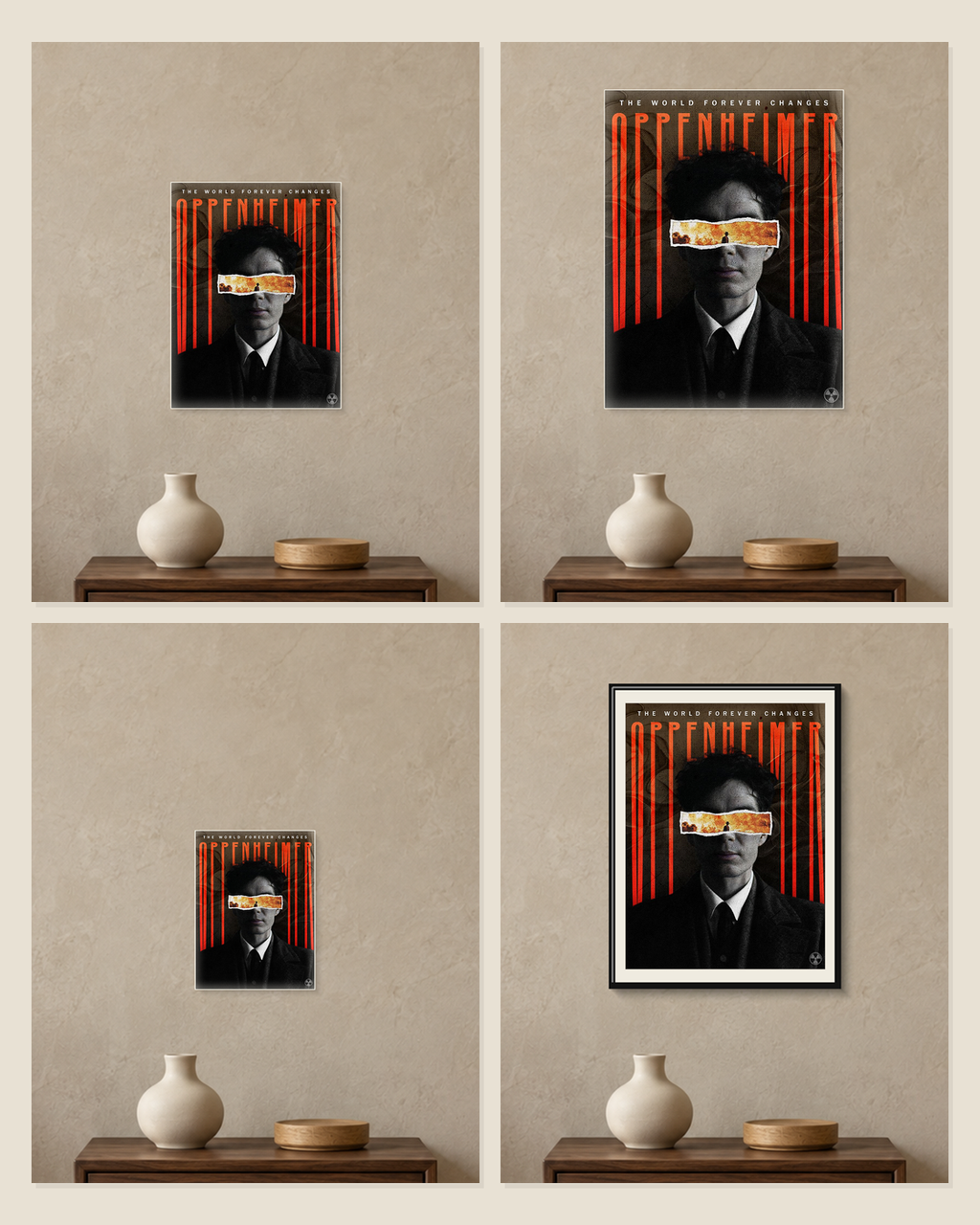 Oppenheimer — The World Forever Changes Poster — A5, A4, A3 and framed A4 size comparison collage