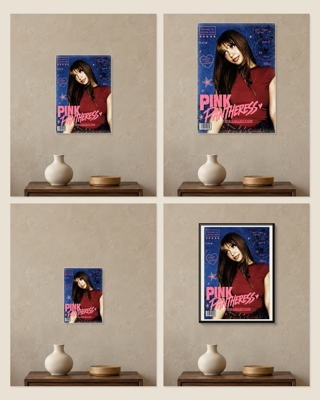PinkPantheress — Y2K Collection Poster — A5, A4, A3 and framed A4 size comparison collage