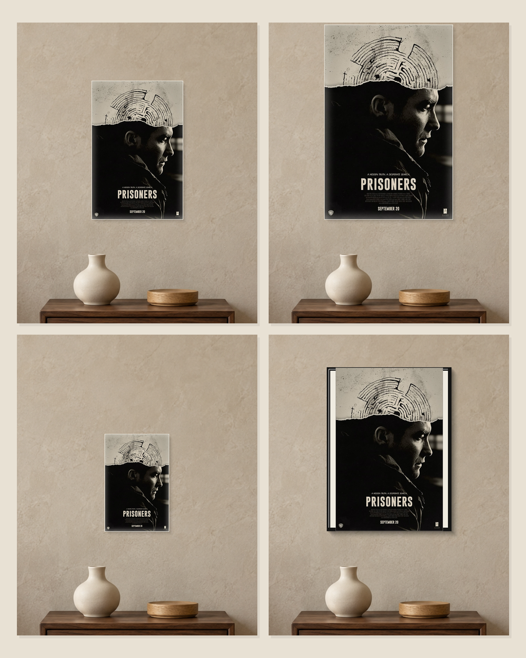 Prisoners — Hidden Truth Poster — A5, A4, A3 and framed A4 size comparison collage