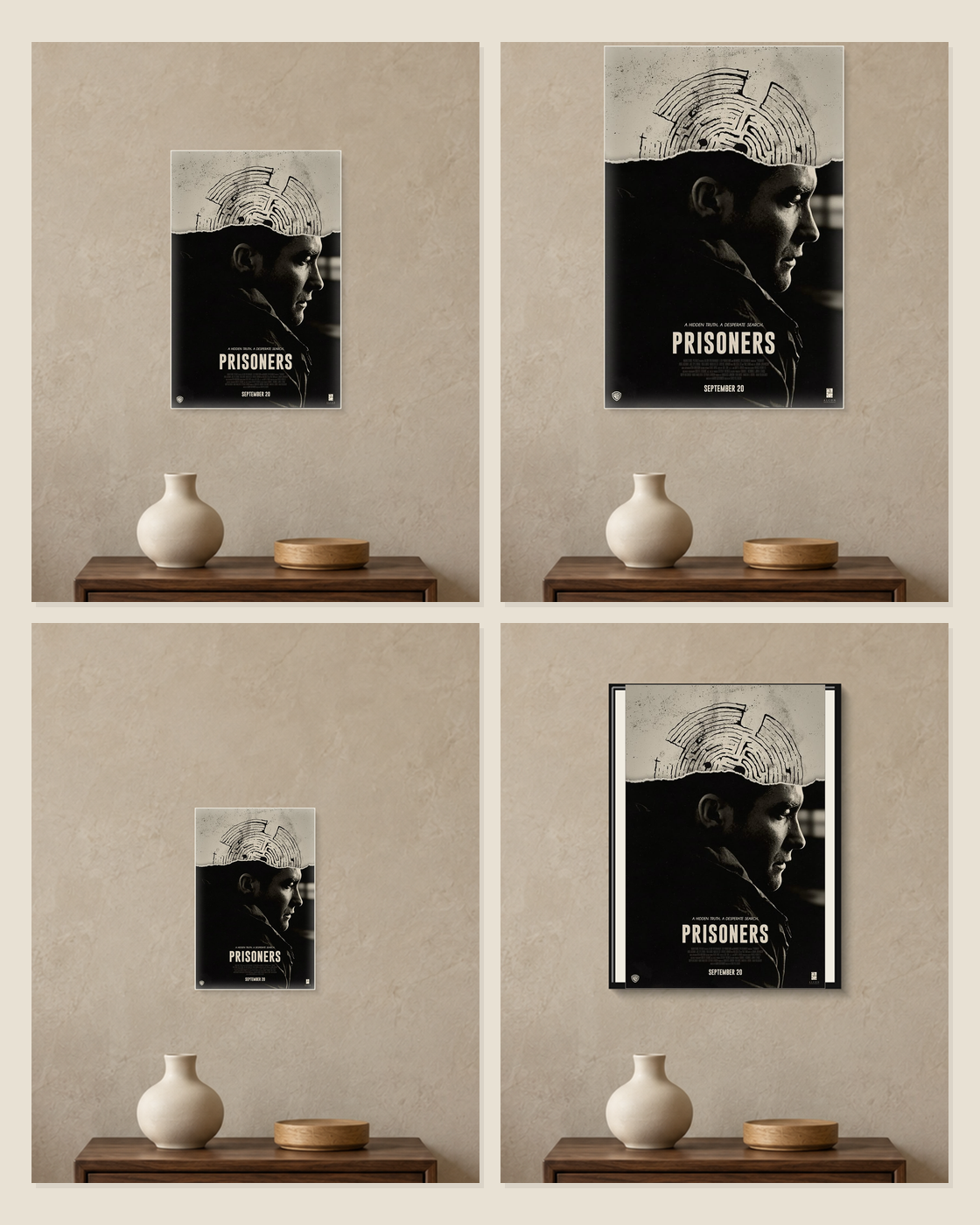 Prisoners — Hidden Truth Poster — A5, A4, A3 and framed A4 size comparison collage