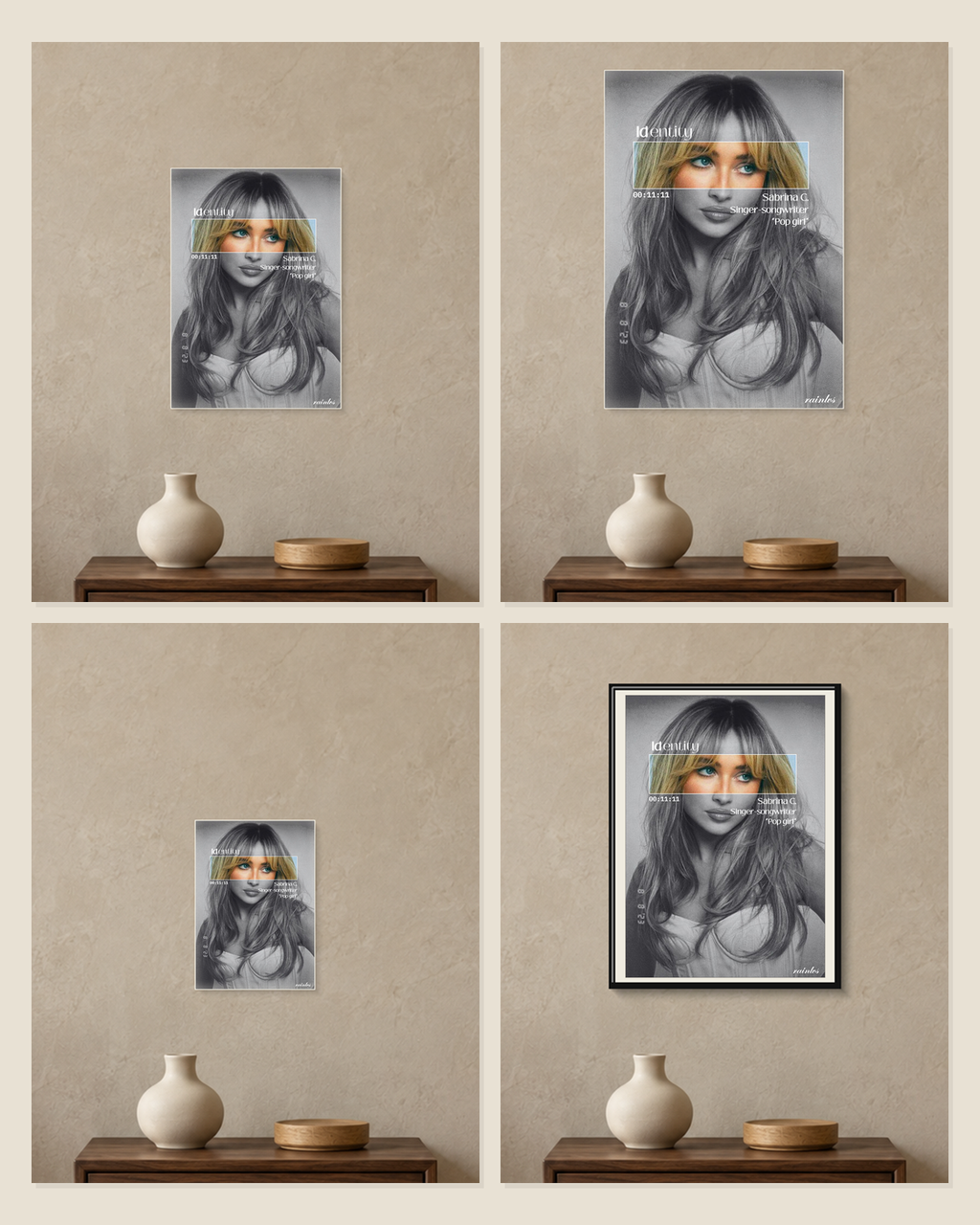Sabrina Carpenter — Identity Poster — A5, A4, A3 and framed A4 size comparison collage