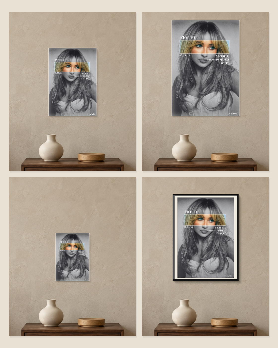 Sabrina Carpenter — Identity Poster — A5, A4, A3 and framed A4 size comparison collage
