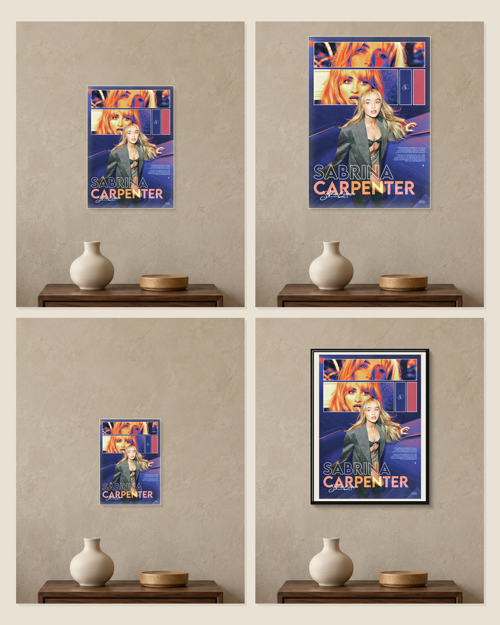 Sabrina Carpenter — Short n' Sweet Editorial Poster — A5, A4, A3 and framed A4 size comparison collage