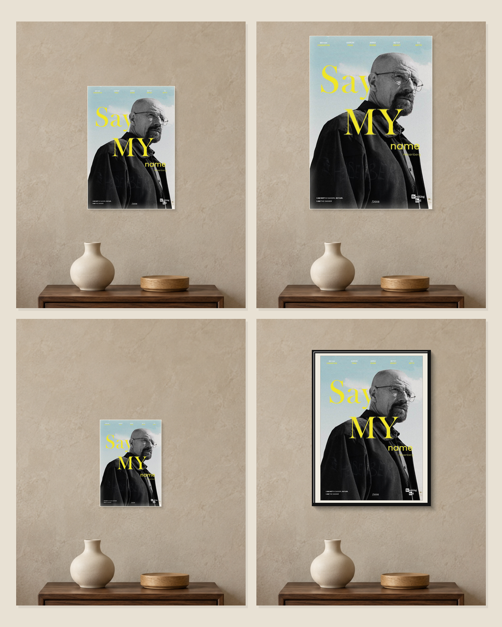 Breaking Bad — Say My Name Poster — A5, A4, A3 and framed A4 size comparison collage