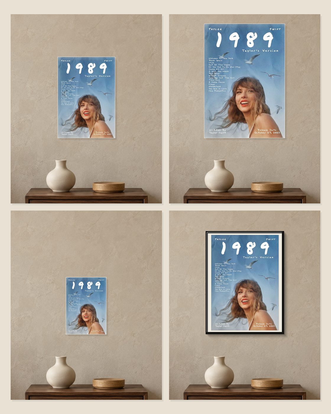 Taylor Swift — 1989 Taylor's Version Poster — A5, A4, A3 and framed A4 size comparison collage
